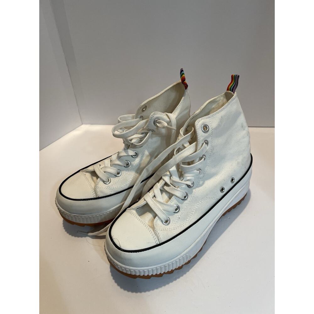 White Canvas High Top Platform‎ Sneakers Rainbow Heel Pull Gum Lug Sole Shoes